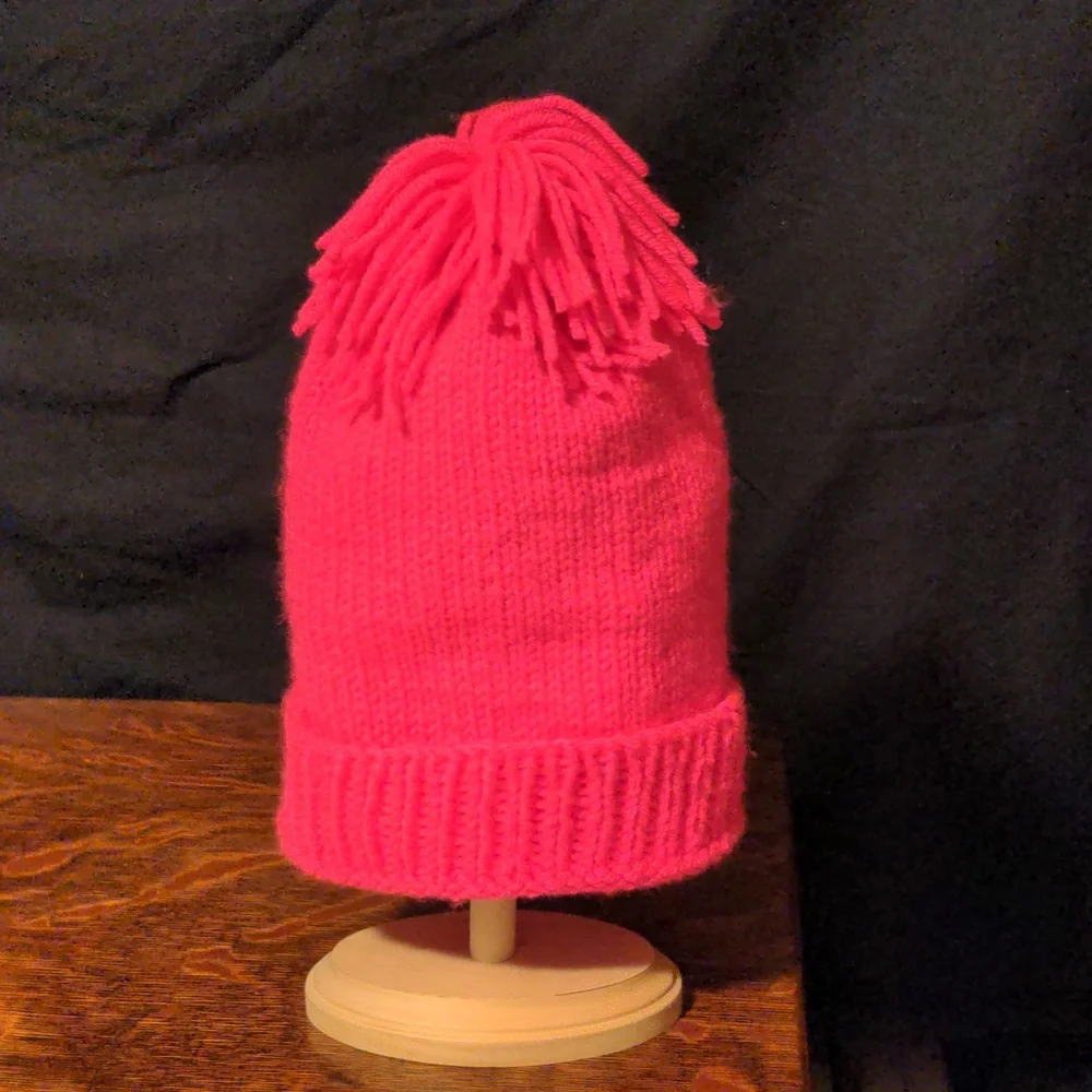 Hand Knit Neon Pink Beanie Hat With Floppy Pom-pom OSFM